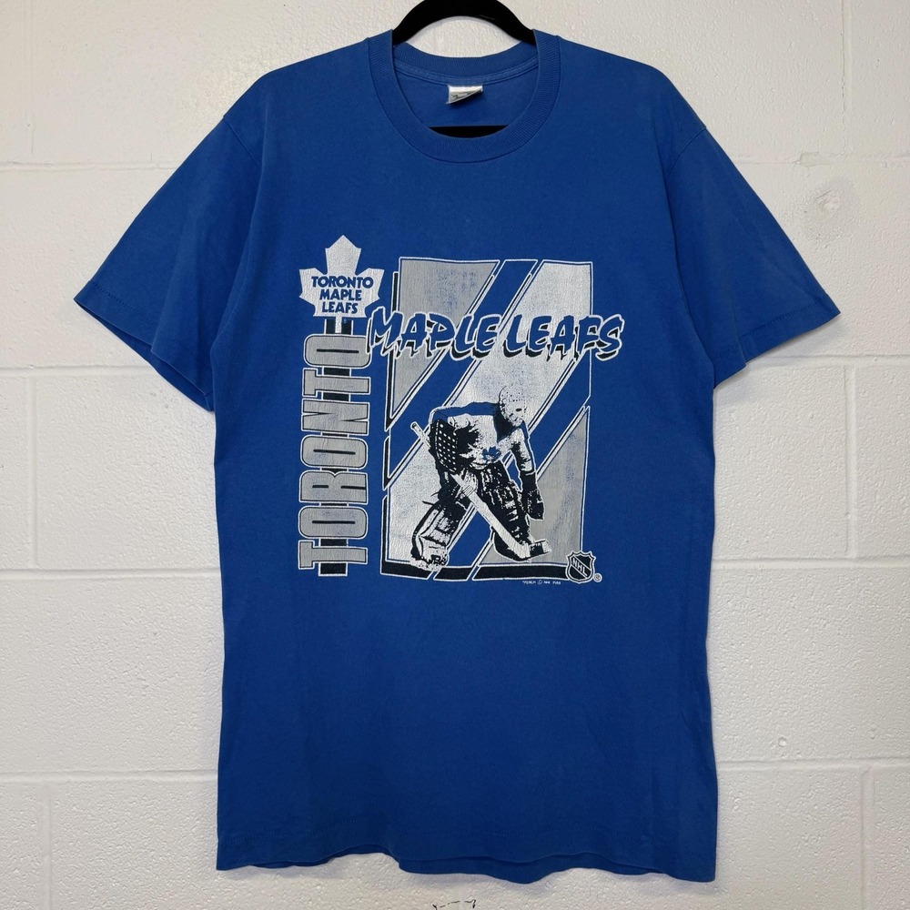Vintage 89 Toronto Maple Leafs Hockey T-Shirt L NHL Single Stitch Blue Trench